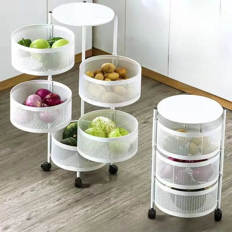 Kitchen Rolling Foldable Portable Storage Multi Tier Round Fruit Vegetable Shelf  Organizer Trolley Cart No Assembly Furniture