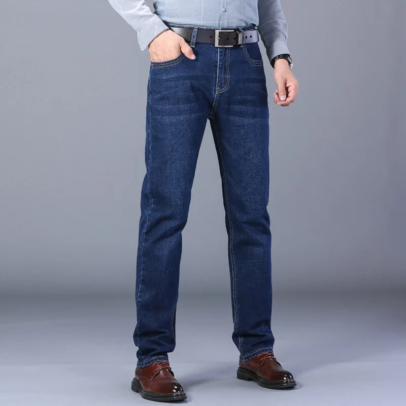 Men's Comfortable Soft Business Casual Denim Trousers Slim Fit Straight Pants Fashion Male Brand Light Luxury Stretch Clothing
