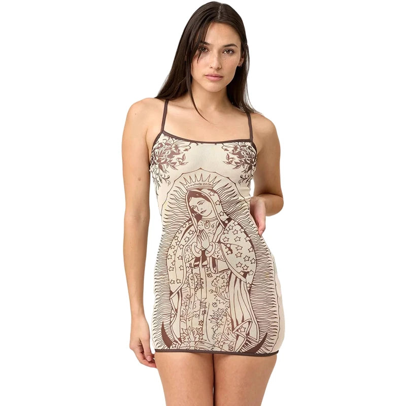 Kliou Sexy See Through Sling Dress Woman Summer Trend Art Print Low-Neck Backless Sleeveless Skinny Peach Buttocks Mini Bodycon