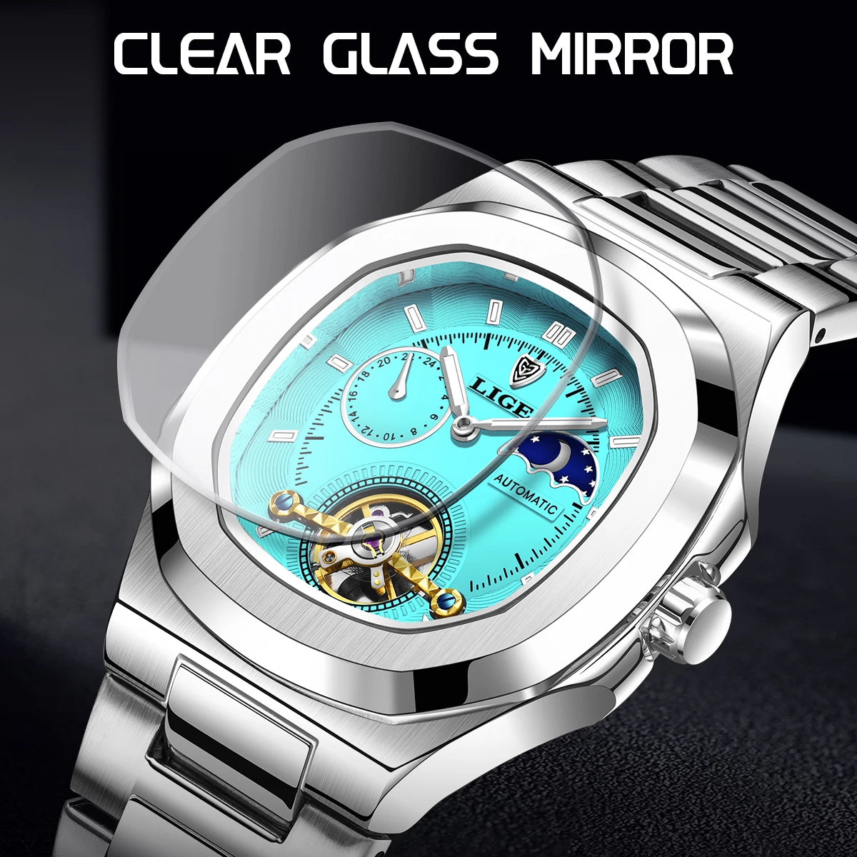 LIGE Dual Seconds Tourbillon Watch 24 Hour Mechanical Watch Men Stainless Steel Authentic Watch Night Glow Waterproof Mens Watch