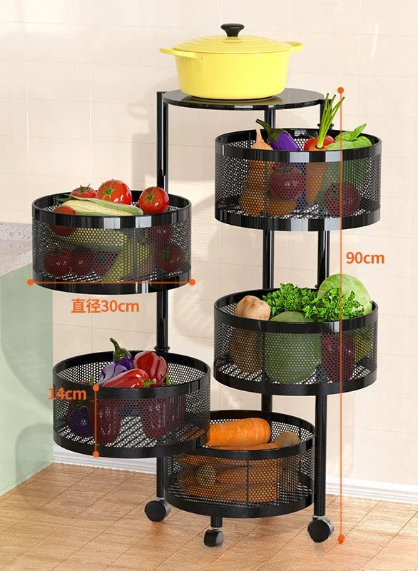 Kitchen Rolling Foldable Portable Storage Multi Tier Round Fruit Vegetable Shelf  Organizer Trolley Cart No Assembly Furniture