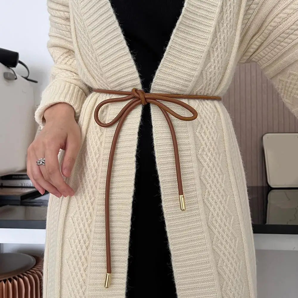 New Round Leather Thin Belt Women Decorative Bow Knot Waist Rope Knotted Dress Coat Sweater String Strap Waistband