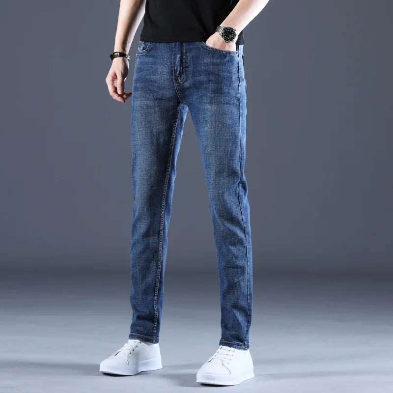 Men's Comfortable Soft Business Casual Denim Trousers Slim Fit Straight Pants Fashion Male Brand Light Luxury Stretch Clothing