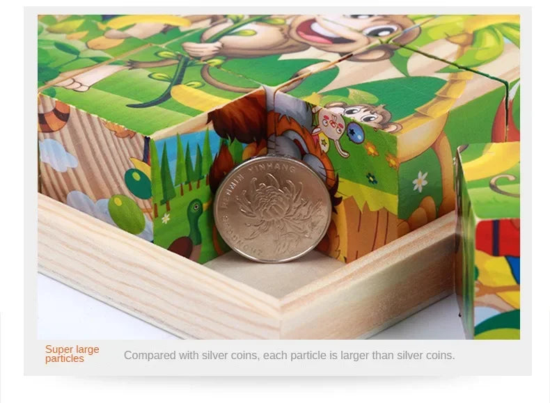 3D cube Wooden puzzle children's nine pieces six-sided wooden block tray children's Montessori learning educational puzzle toys