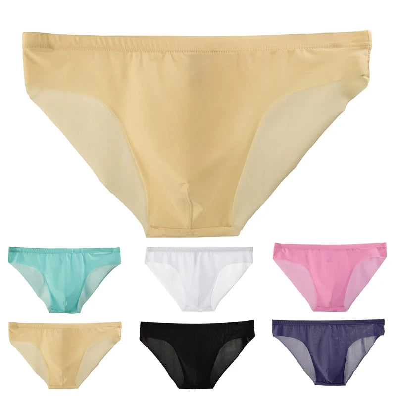 Men's Seamless Thong See-Through Underwear Ultra-Thin Low-Rise Sexy Solid Color Briefs Skin Friendly Soft Elastic Underpants
