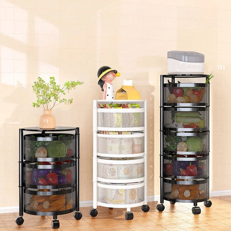 Kitchen Rolling Foldable Portable Storage Multi Tier Round Fruit Vegetable Shelf  Organizer Trolley Cart No Assembly Furniture