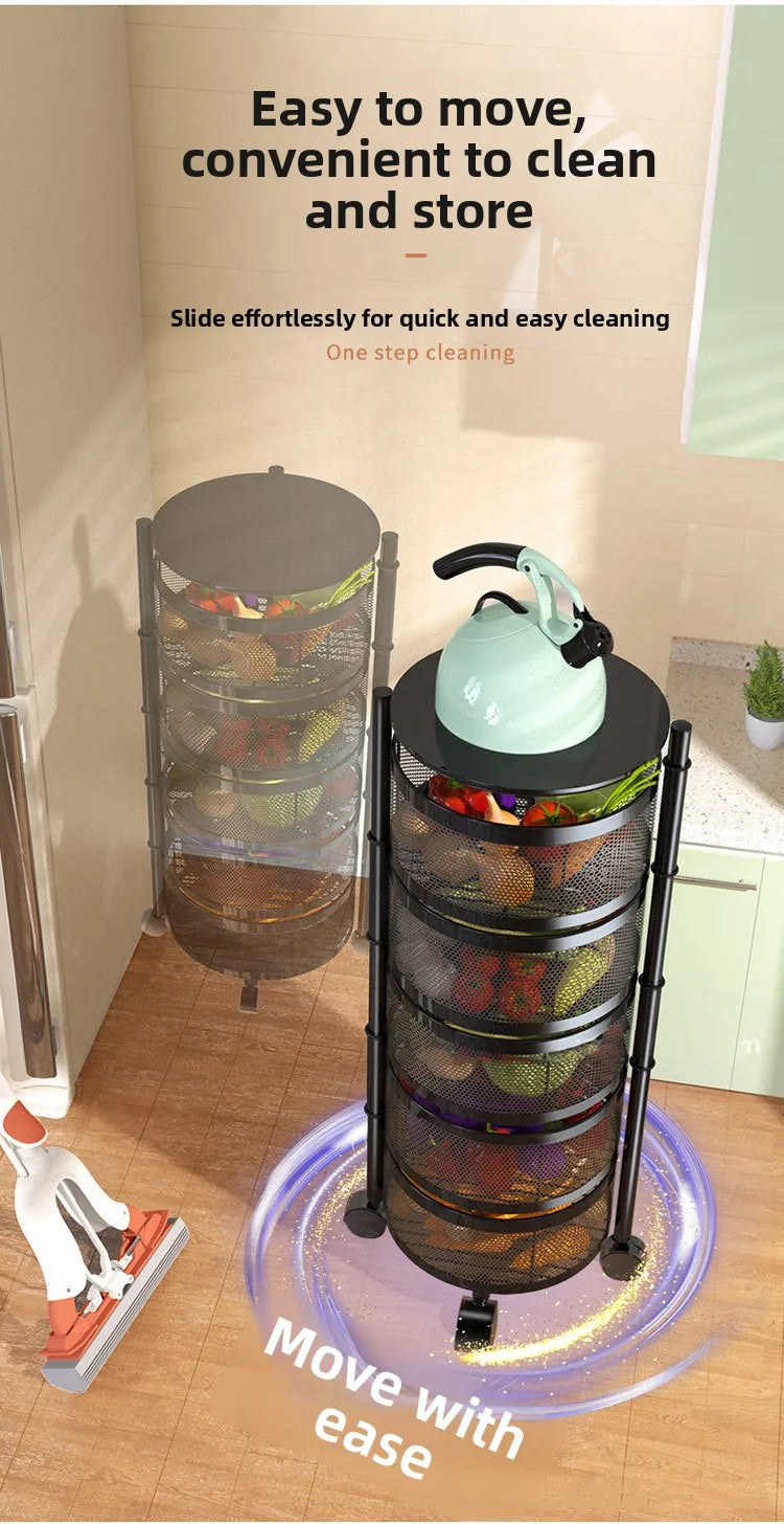Kitchen Rolling Foldable Portable Storage Multi Tier Round Fruit Vegetable Shelf  Organizer Trolley Cart No Assembly Furniture