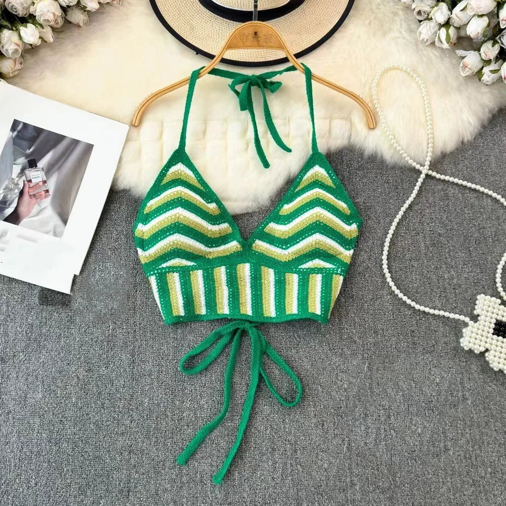 Fashion Knitted Bohemian Crochet Top Hollow Out Backless Ethnic Style Sexy Halter Top Swimwear Top Women