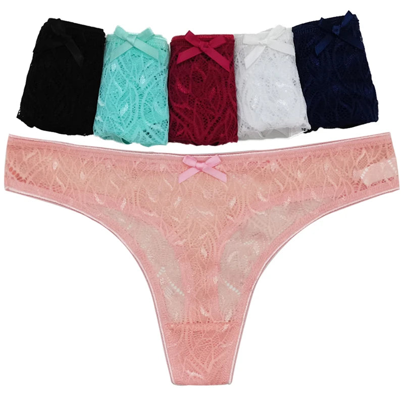 Lace Sexy G-String Thongs Solid Color Female Low Waist Bow Underpants Intimates Lingerie Transparent Women's Panties