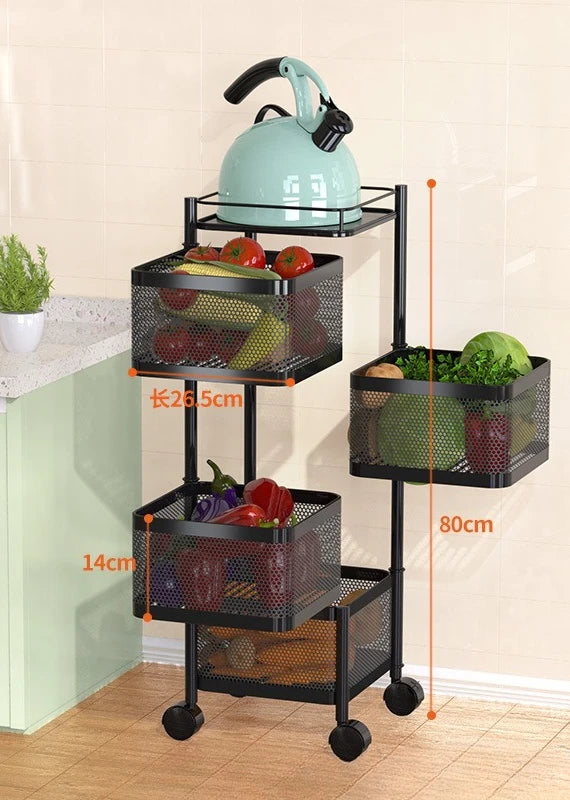 Kitchen Rolling Foldable Portable Storage Multi Tier Round Fruit Vegetable Shelf  Organizer Trolley Cart No Assembly Furniture