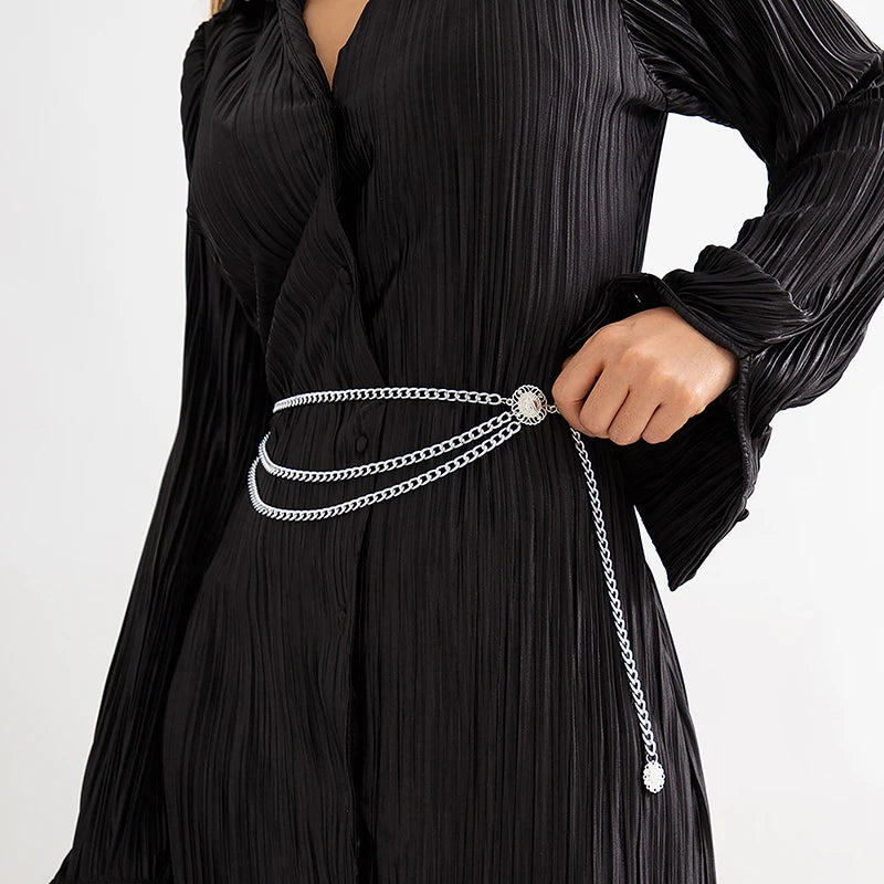 New Fashion Multi-layer Chain Belt For Women Fashion Gold Silver Color Metal High Waist Body Chain Dress Lady Tassel Belt