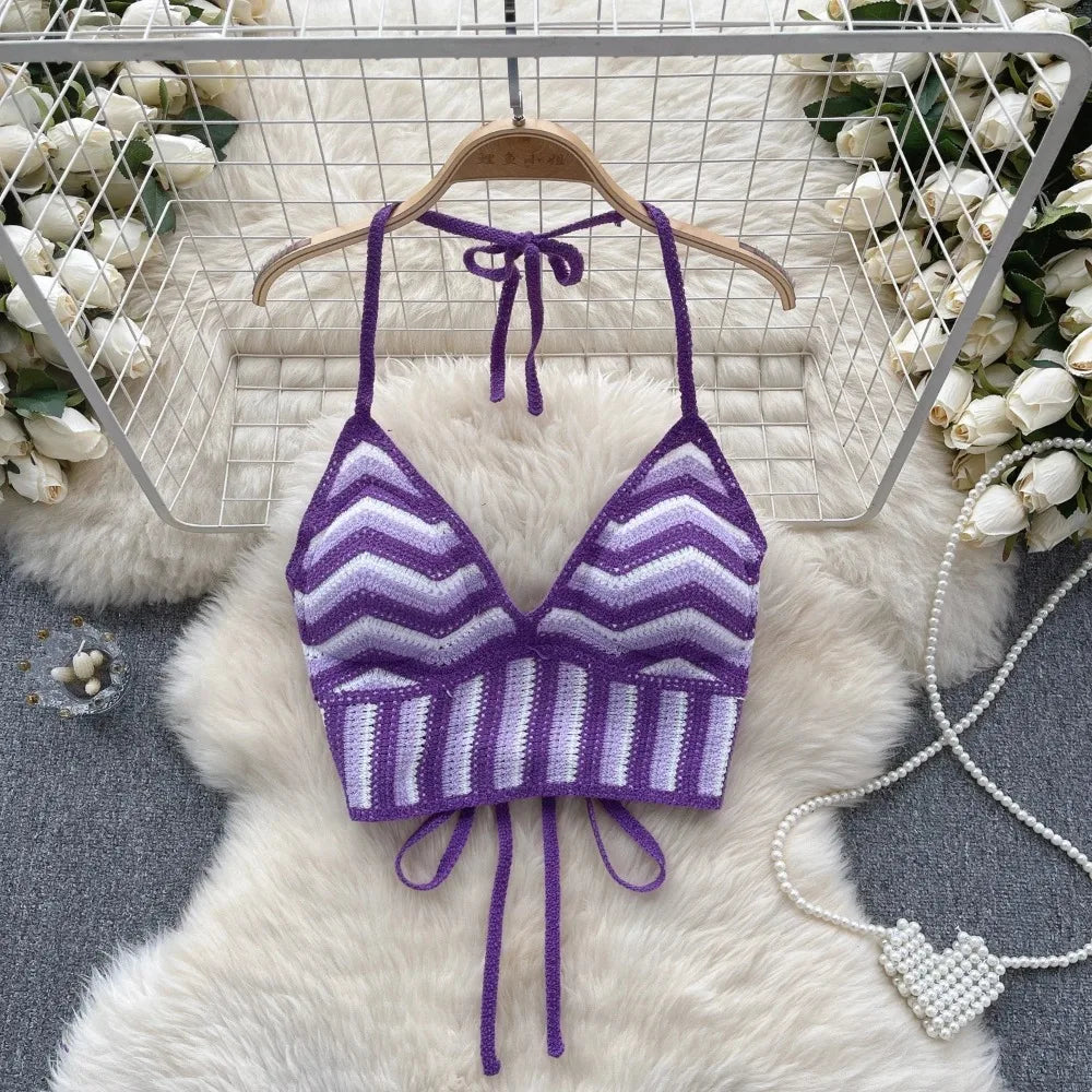 Fashion Knitted Bohemian Crochet Top Hollow Out Backless Ethnic Style Sexy Halter Top Swimwear Top Women