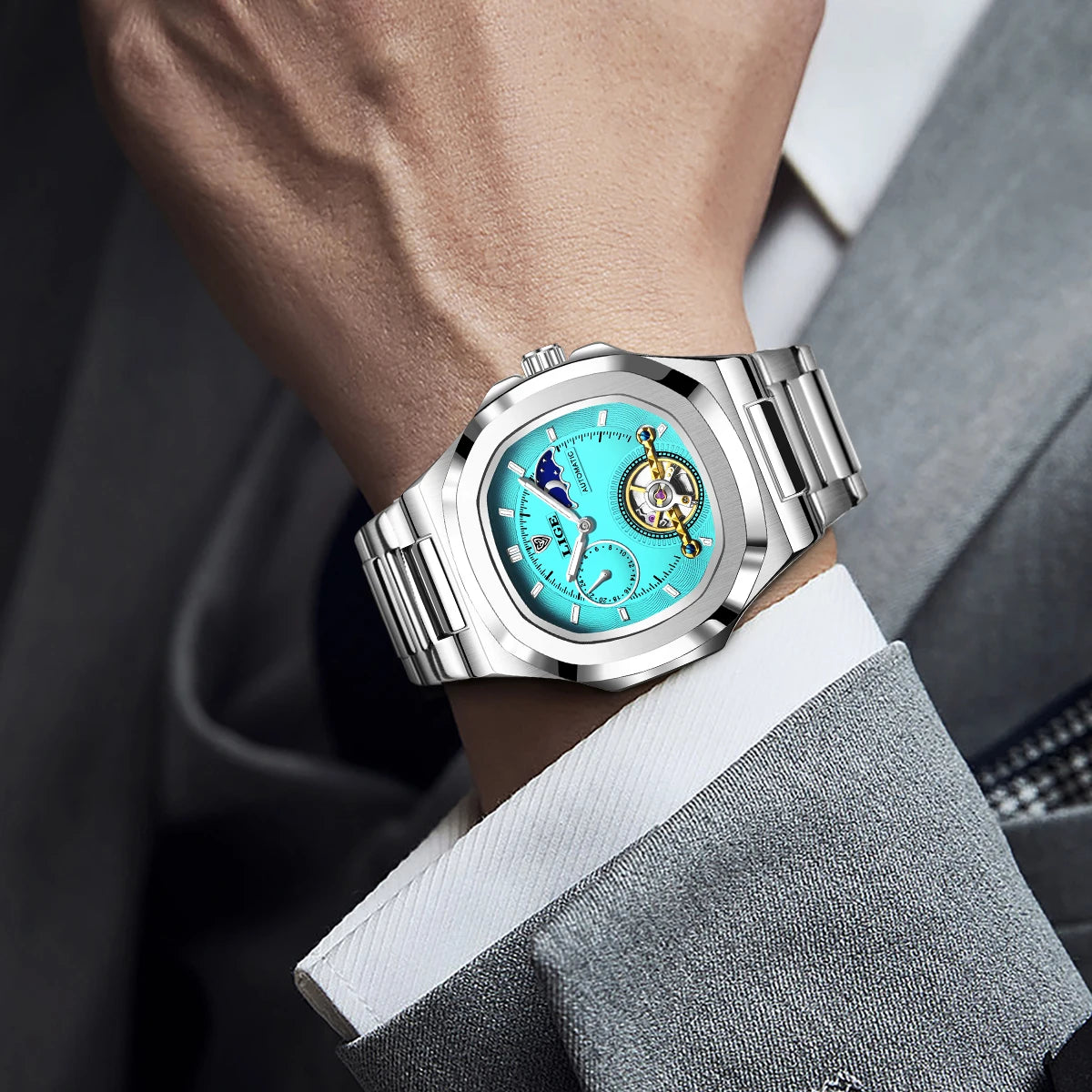 LIGE Dual Seconds Tourbillon Watch 24 Hour Mechanical Watch Men Stainless Steel Authentic Watch Night Glow Waterproof Mens Watch