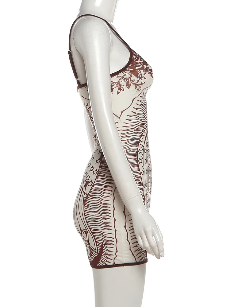 Kliou Sexy See Through Sling Dress Woman Summer Trend Art Print Low-Neck Backless Sleeveless Skinny Peach Buttocks Mini Bodycon